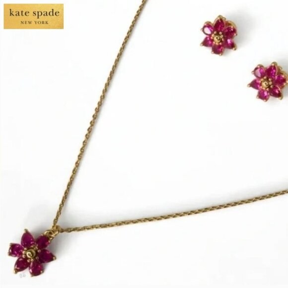 Kate Spade First Bloom Pink CZ Floral Necklace & Earrings Set NWOT + Dust Bag - Picture 1 of 16